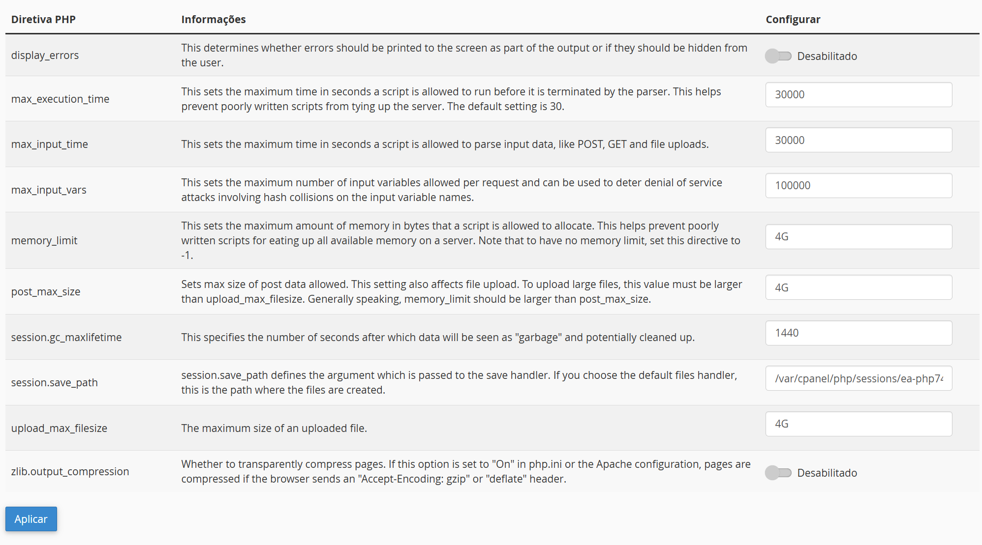 Screenshot 2 - Gerenciamento de PHP.ini através do cPanel