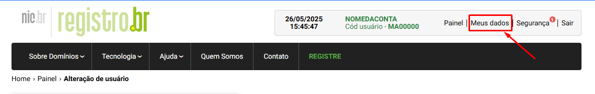 Registro.br - Menu Meus dados
