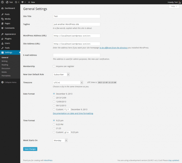 Configurações do WordPress